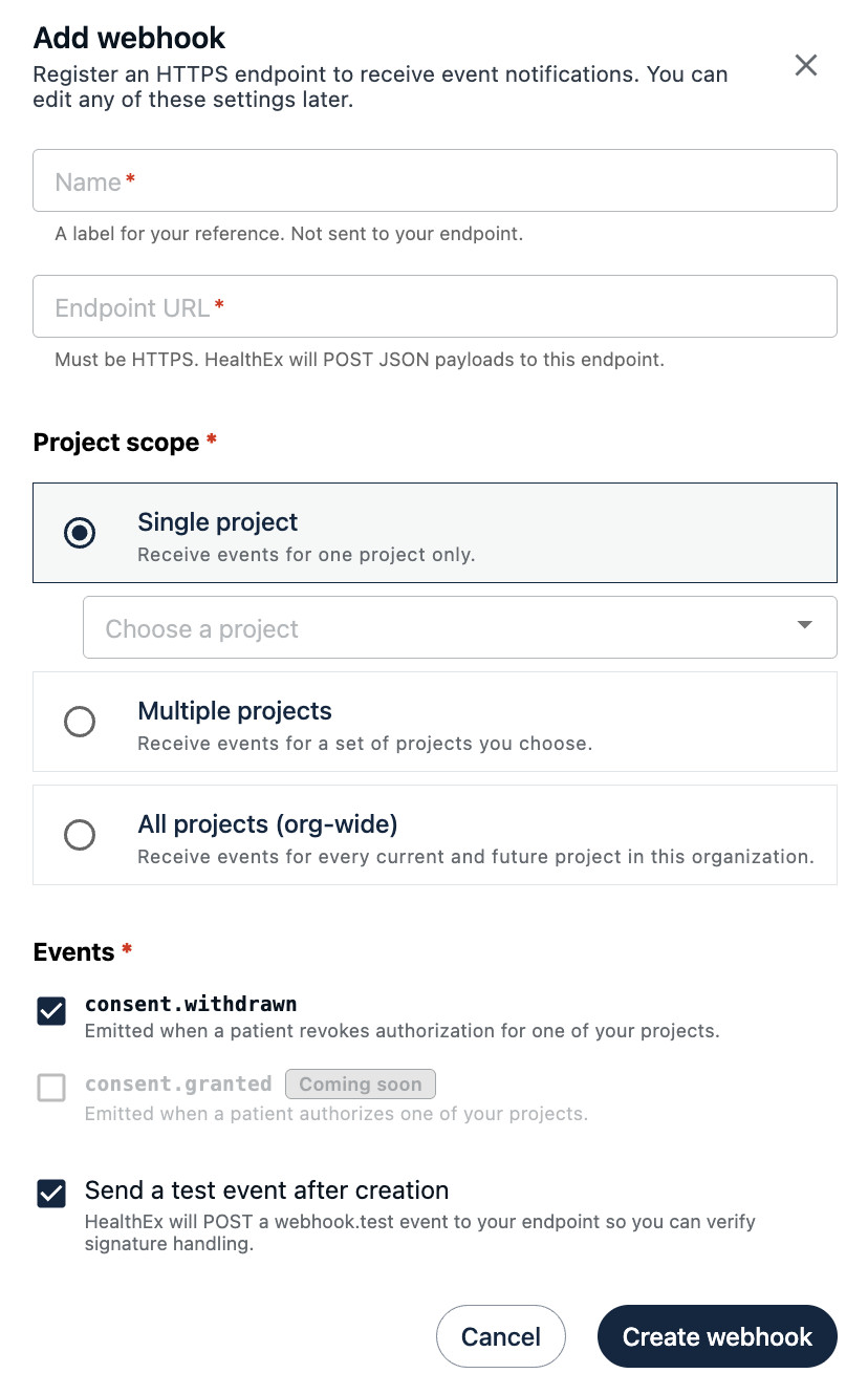 Add webhook form with the project scope selector expanded