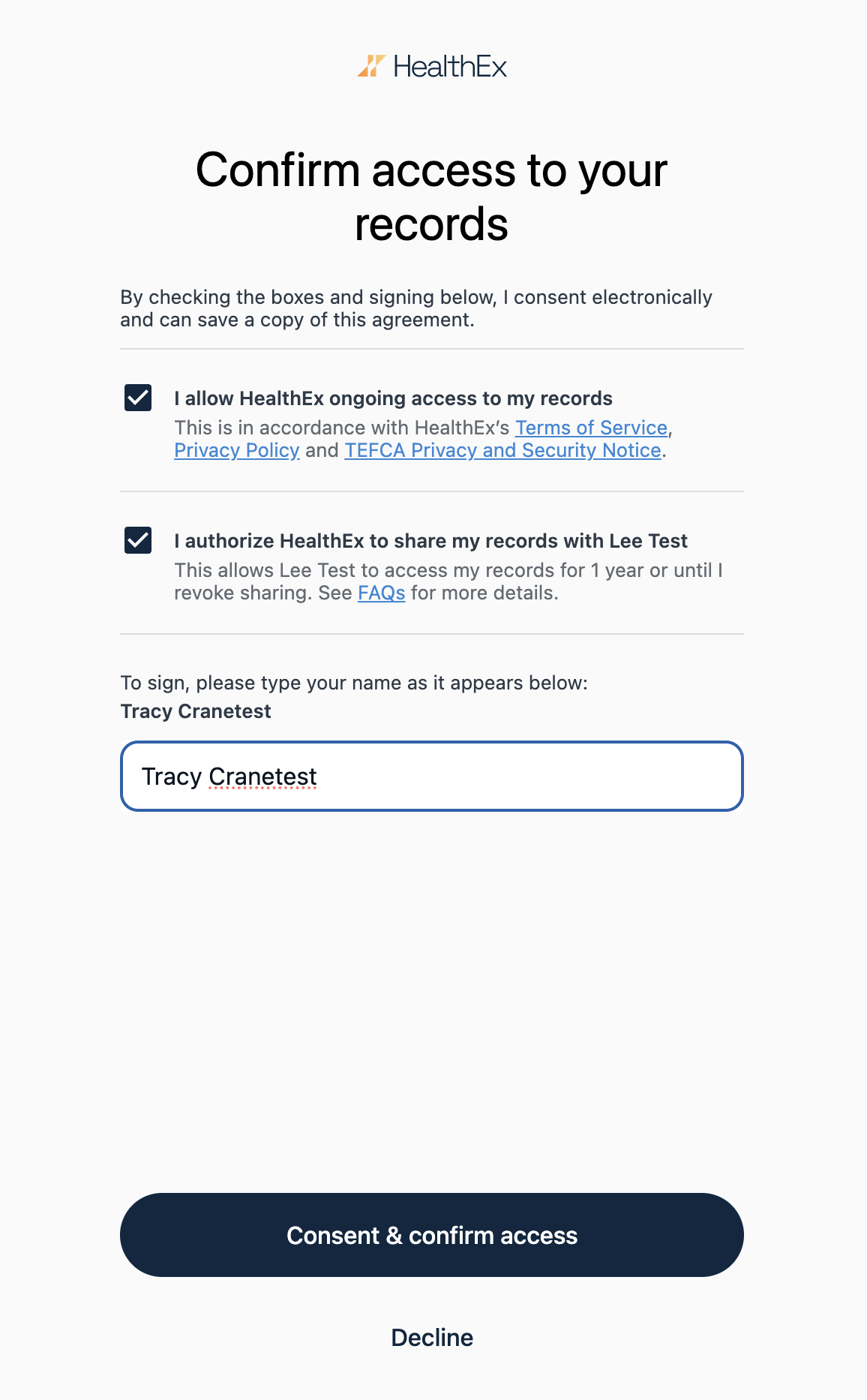 Confirm access prompt for the test patient record