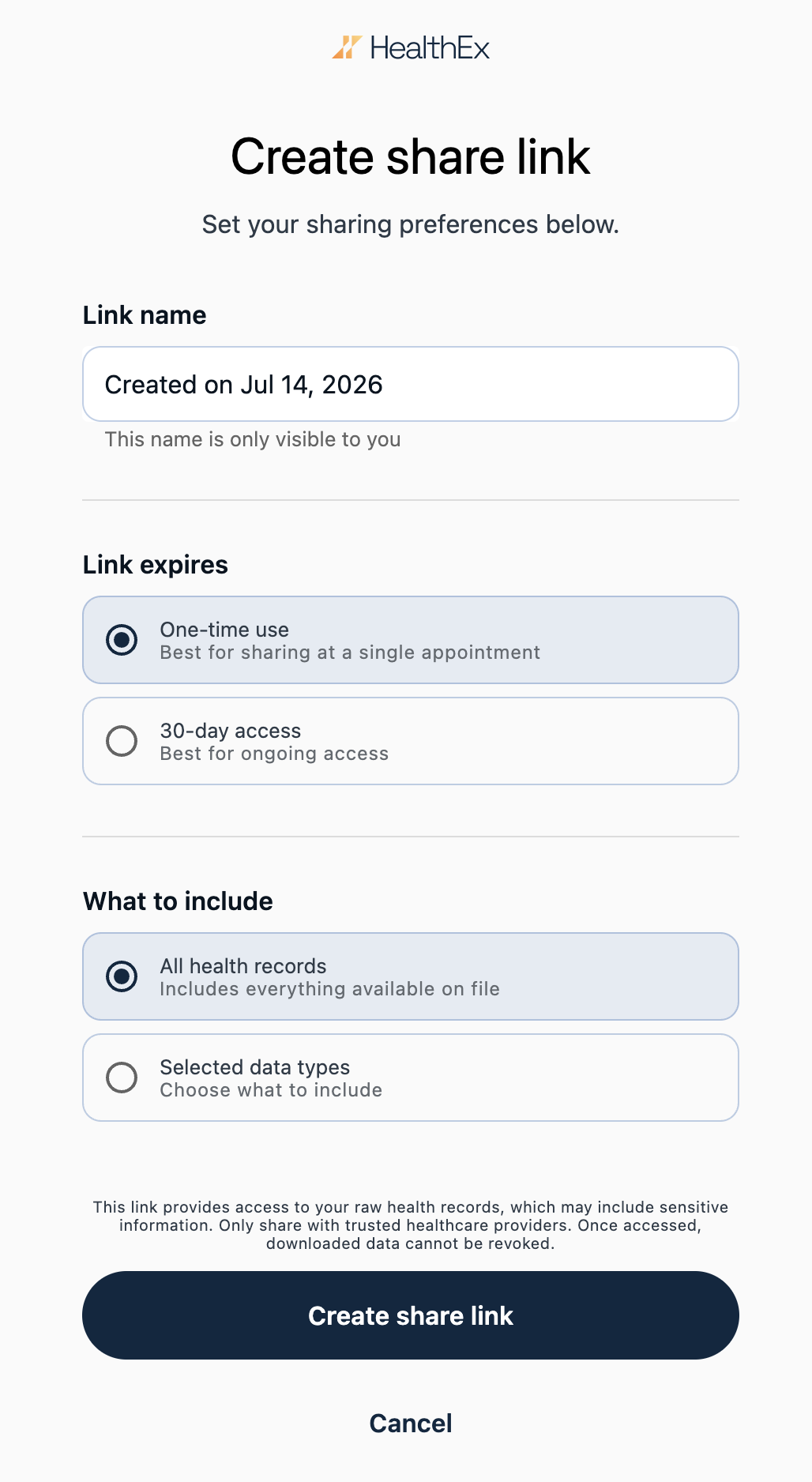 SMART Health Link creation screen