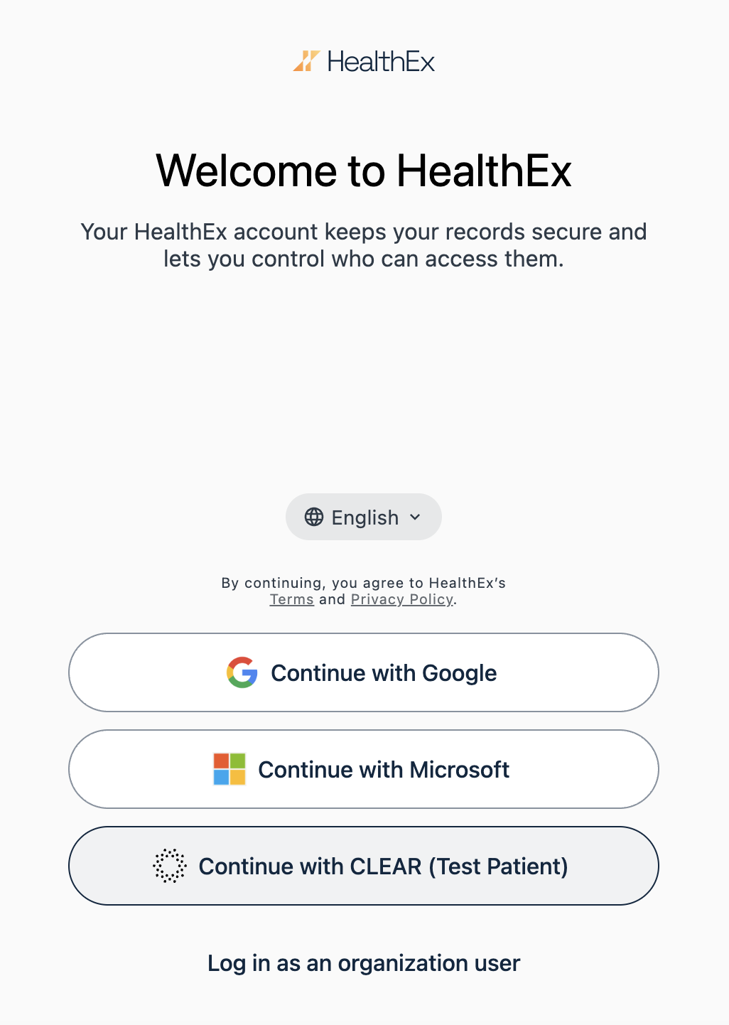 Continue with CLEAR — hold to reveal Test Patient mode