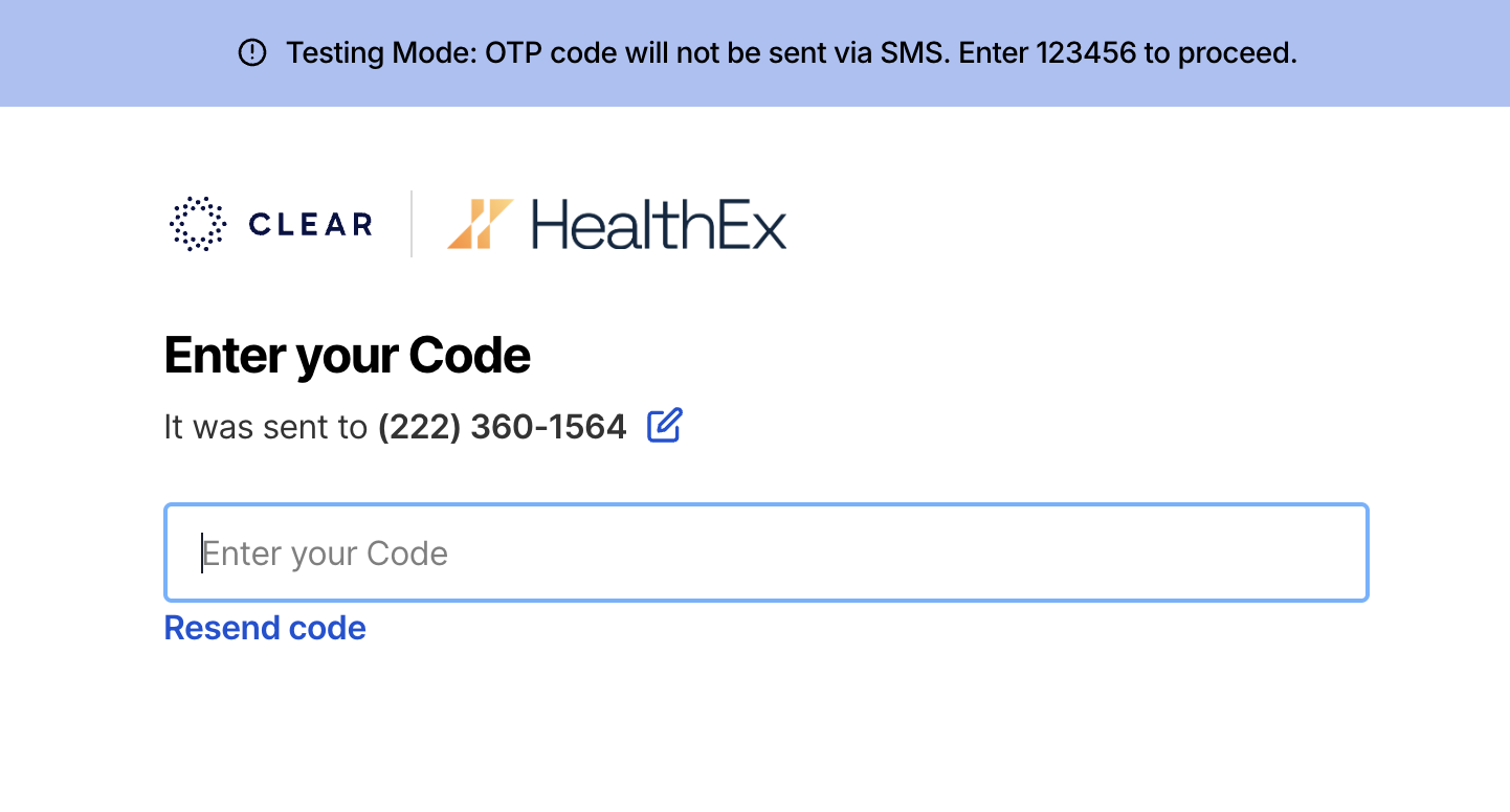 Testing-mode banner with default verification code