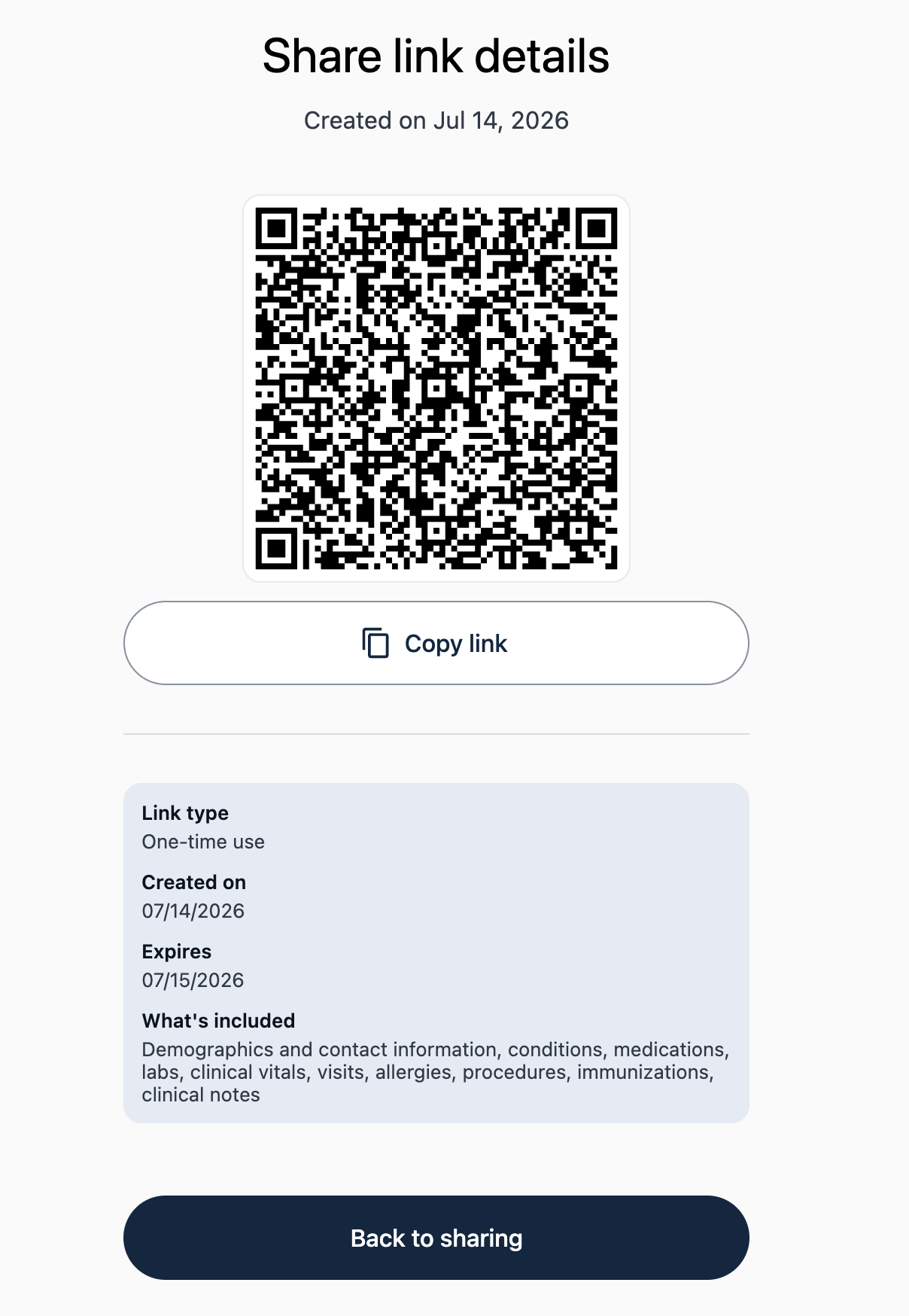Generated SMART Health Link with QR code