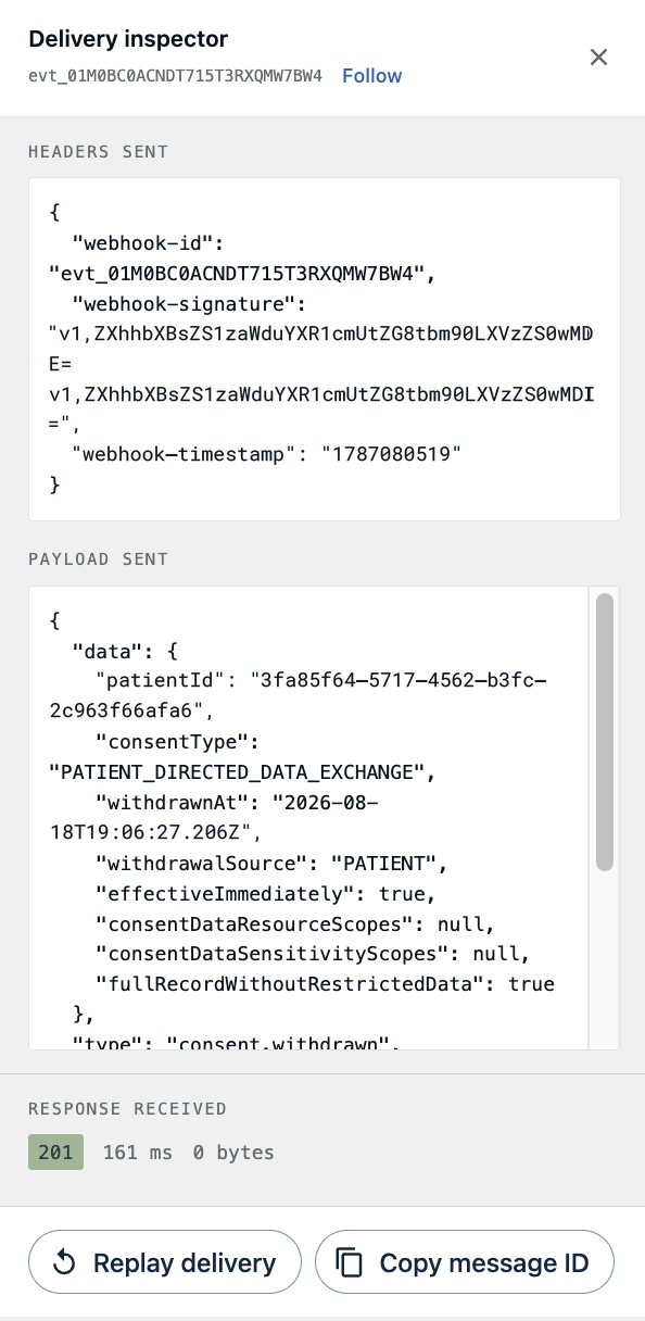 Delivery inspector showing headers, payload, and the response received