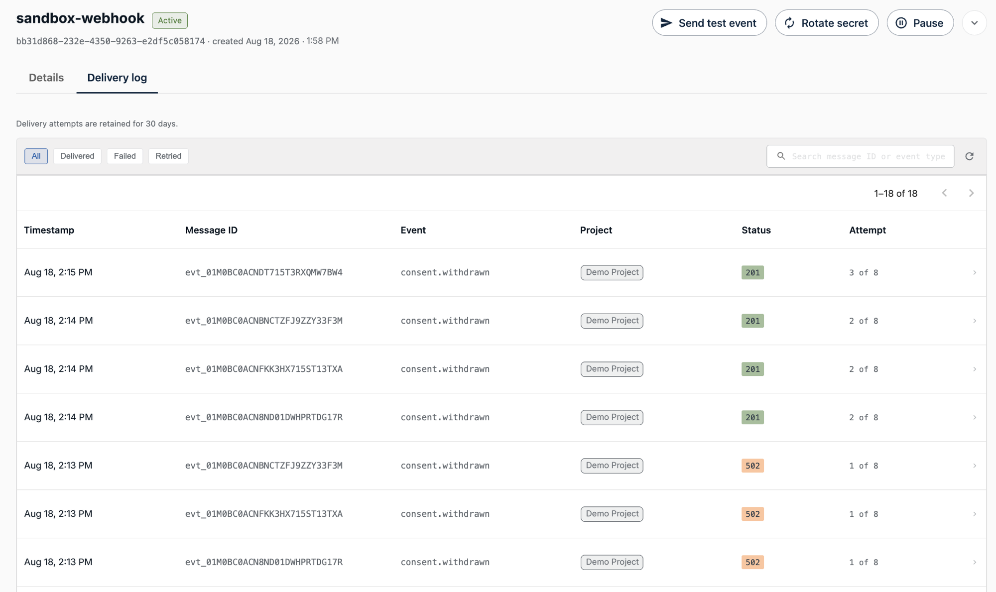 Delivery log showing recent delivery attempts and their statuses